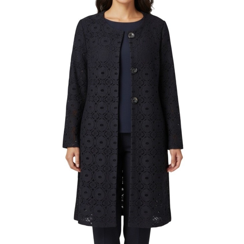 KAY CELINE Sheer Black EYELET LACE 3-Button HIGH SLIT SIDES Top Blouse Jacket M